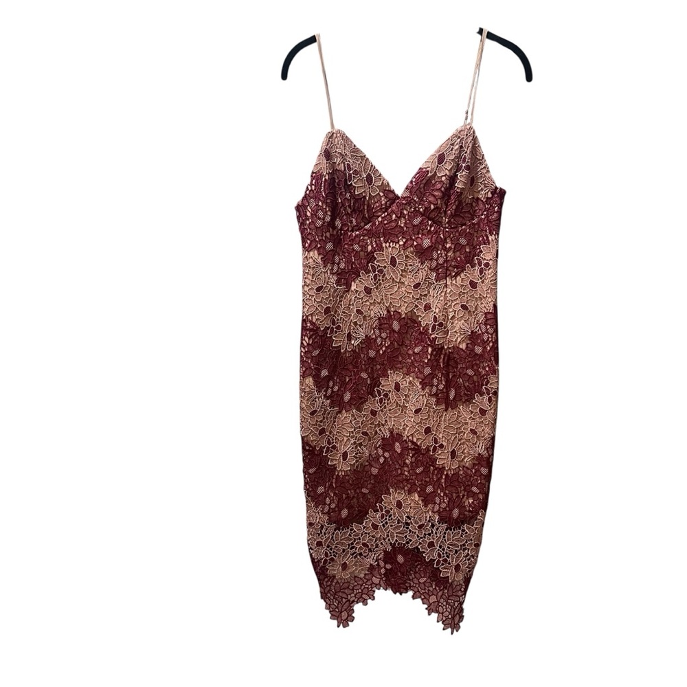 Bardot Burgundy and Beige Lace Overlay Sheath Dress Size 8‎